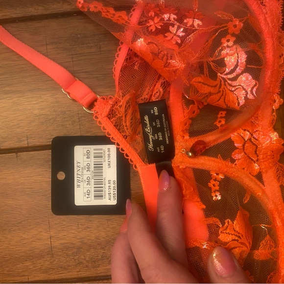 Honey Birdette Vibrant Orange Floral Lace Bra Set, Limited Edition, Pre-Playboy - Picture 4 of 5